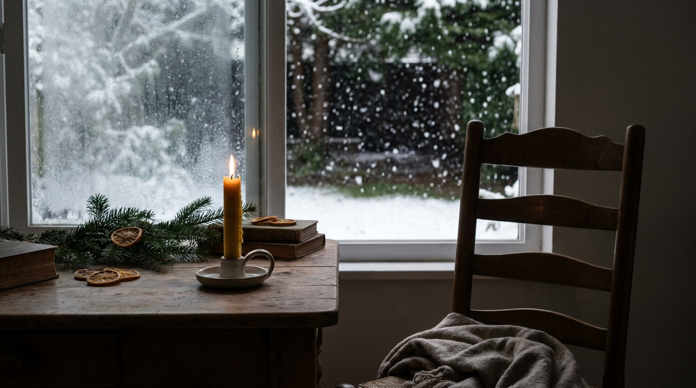 Kaarslicht bij kerstboom, lege stoel, reflectief